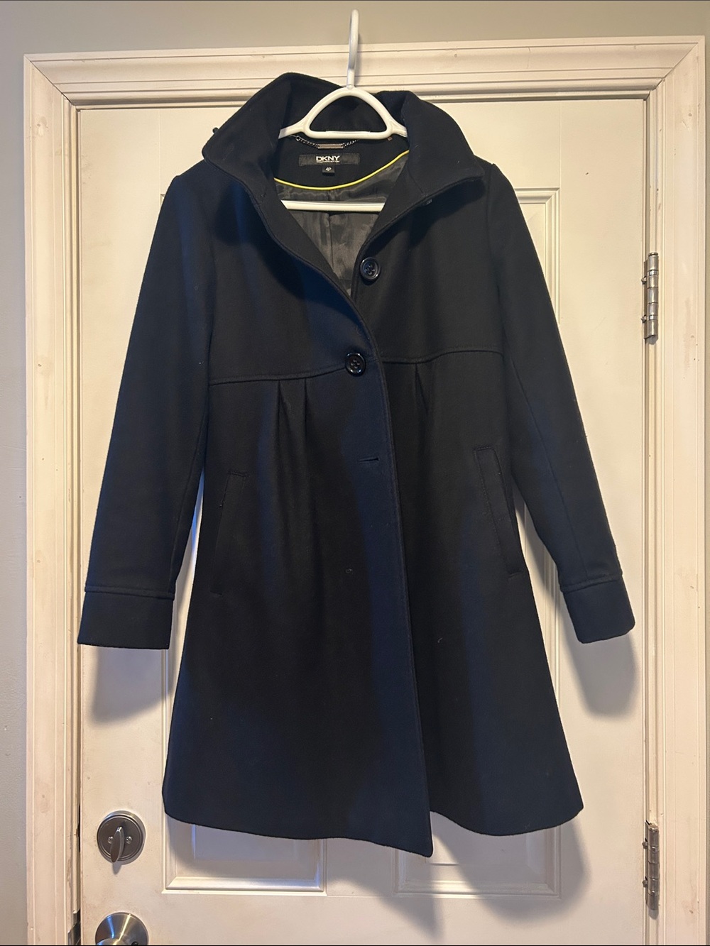 DKNY Black A-Line Wool Pea Coat with Stand Collar